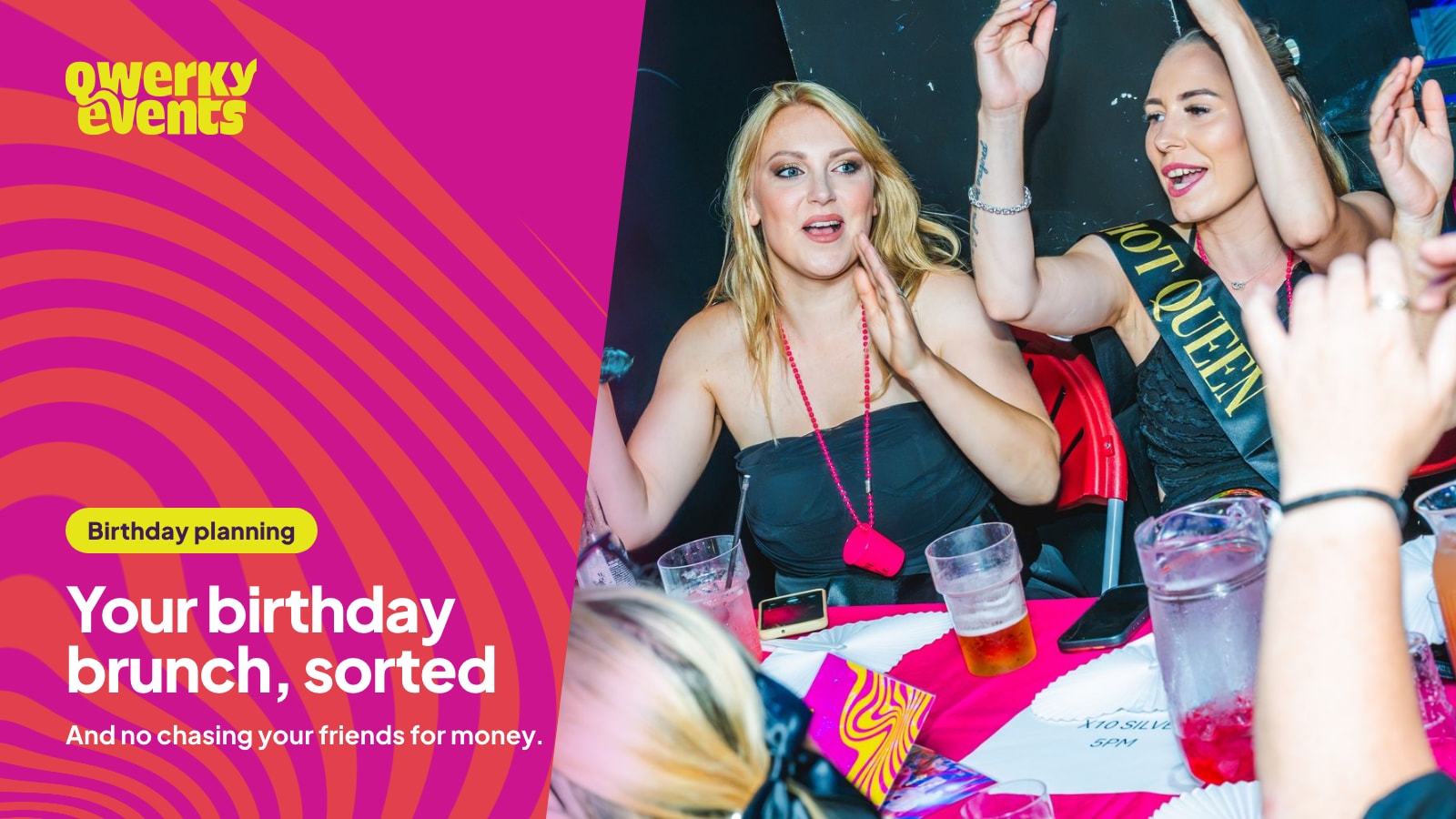 Friends at a birthday table cheering during a Qwerky drag brunch