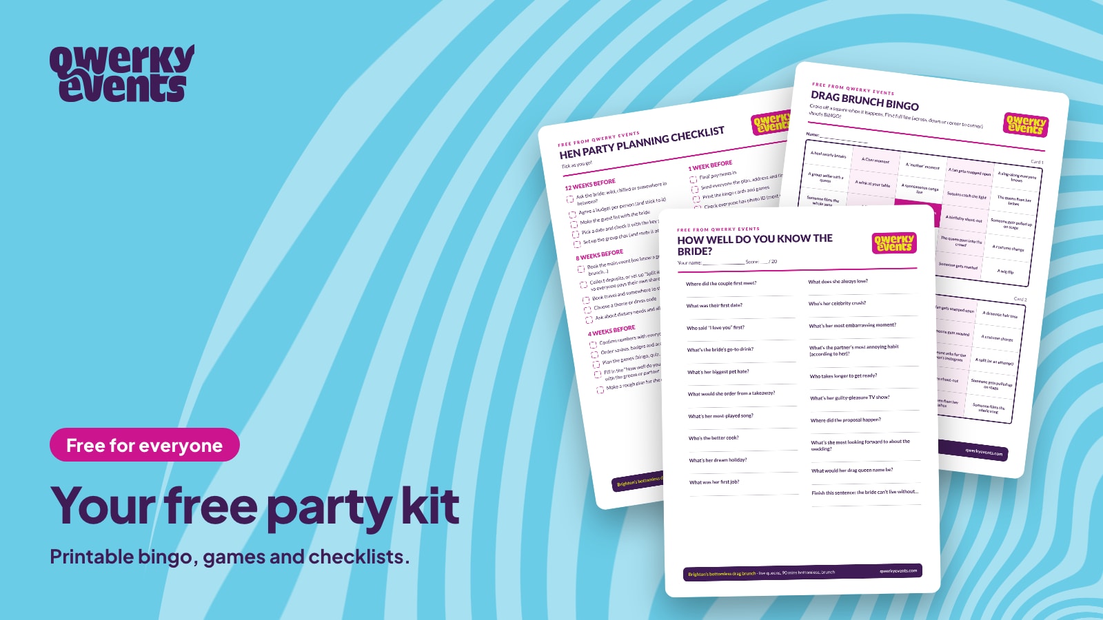 Printable hen party bingo, checklists and quiz sheets from the Qwerky free party kit