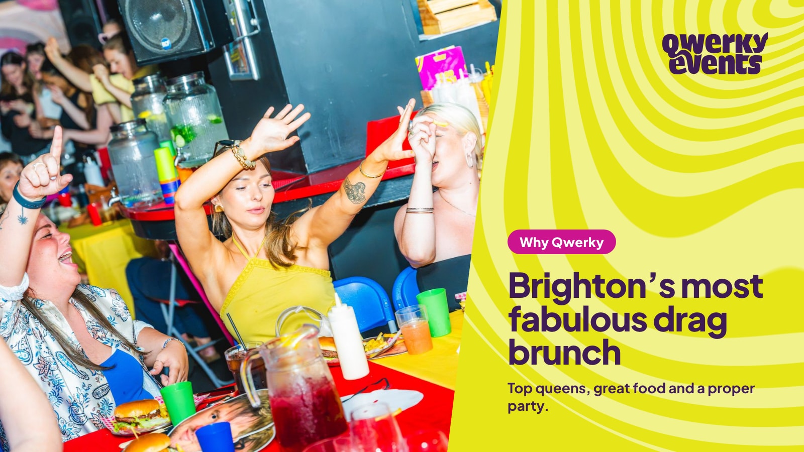 Guests with their arms up at a colourful brunch table at Legends