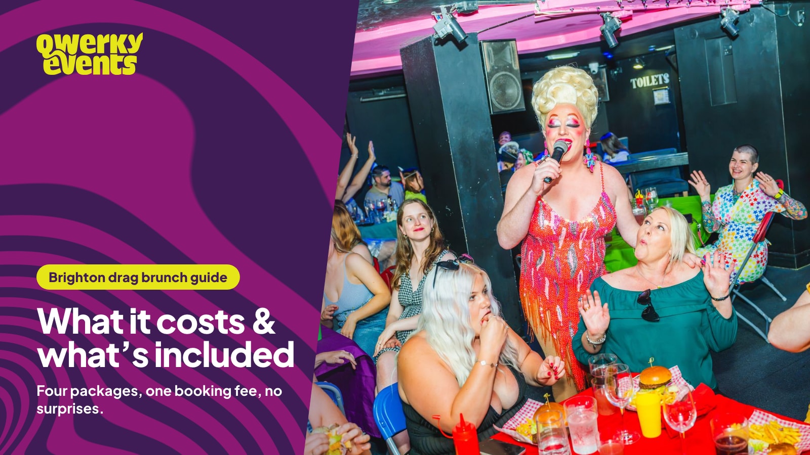 A drag queen singing to guests at their brunch table at Legends Brighton