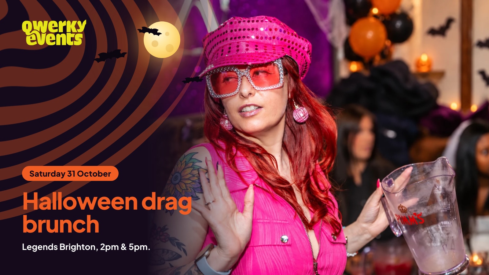 A host in a pink sequin cap and sparkly glasses at the Halloween brunch