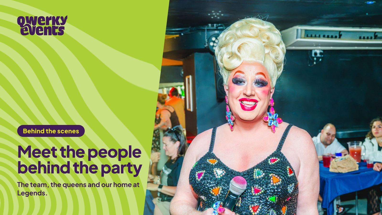 A smiling drag queen with a microphone at Legends Brighton